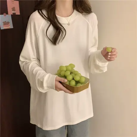 白色德绒长袖t恤女秋冬季加绒2023新款宽松打底衫圆领设计感上衣图片