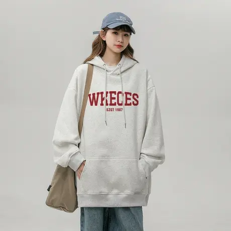 oversize印花字母连帽卫衣女秋冬加绒加厚ins潮牌设计感宽松外套商品大图