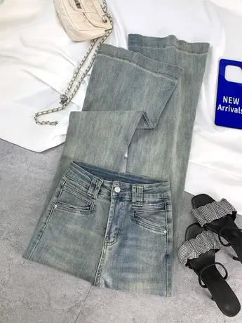 东大门斜插口袋牛仔喇叭裤女2024春夏新款显瘦百搭高腰弹力微辣裤图片