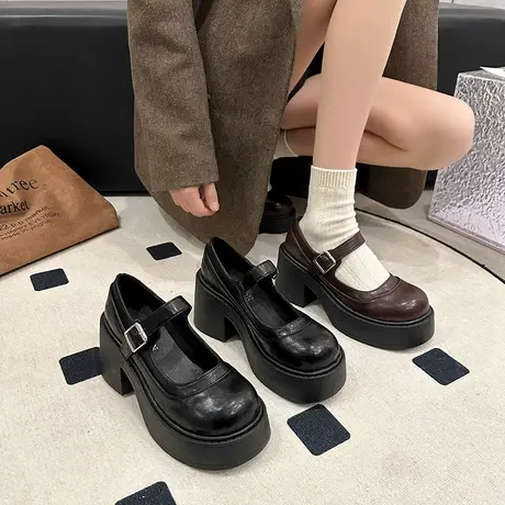 棕色复古法式增高厚底小皮鞋女2024新款春季粗跟玛丽珍浅口单鞋子商品大图