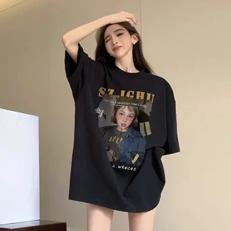 纯棉独特别致纯棉短袖t恤2024年夏季潮牌港味chic宽松大版半袖衣商品大图