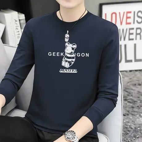 重磅纯棉长袖t恤男秋季2023新款宽松小熊印花内搭打底衫全棉体恤商品大图