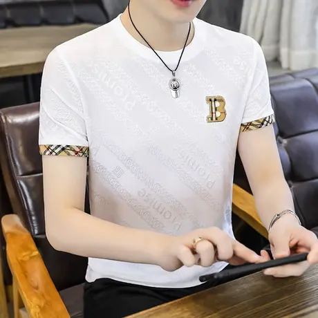 夏季男士冰丝短袖T恤修身半袖男款体恤薄款高弹性潮流帅气上衣服商品大图