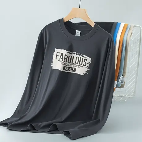 重磅纯棉长袖t恤男装2023新款美式宽松内搭上衣服全棉打底衫体恤商品大图