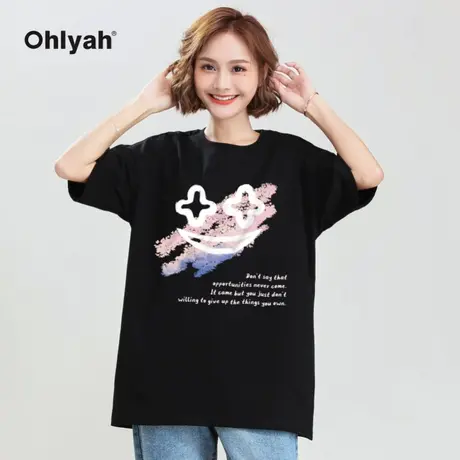 Ohlyah笑脸涂鸦鬼脸油画印花短袖T恤女男情侣装洋气bf风宽松半袖商品大图