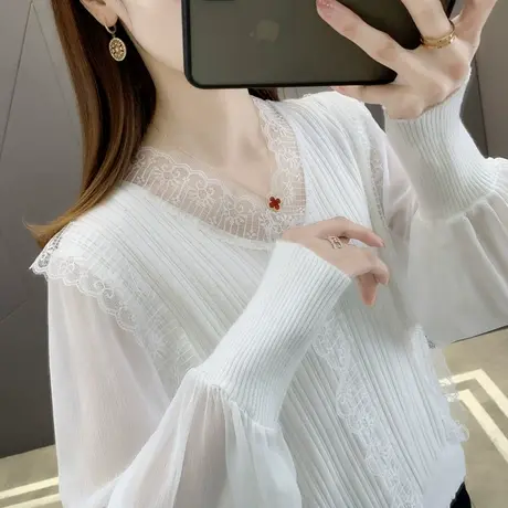 冰丝针织衫女装薄款春款2023年新款爆款时尚蕾丝拼接打底衫上衣潮商品大图