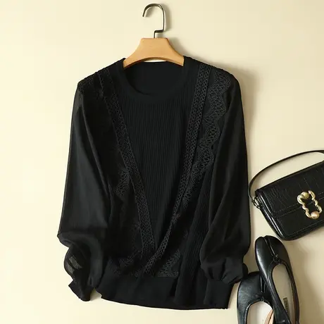 雪纺袖冰丝针织衫女秋季2023年新款宽松长袖上衣洋气蕾丝打底衫女图片