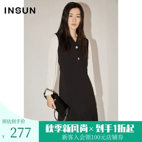 [百褶魅力]恩裳COVER初春秋小珠链西装领拼接压褶袖A字连衣裙图片