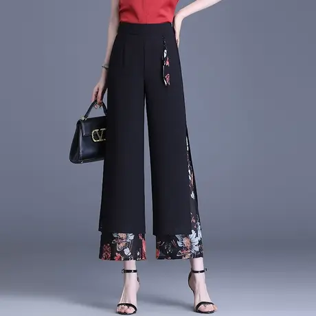 双层开叉印花阔腿裤女夏季2023新款高腰雪纺直筒裤显瘦九分休闲裤商品大图
