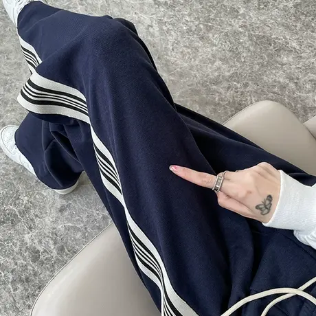 蓝色阔腿运动裤女春秋2023年新款高腰直筒宽松显瘦休闲条纹拖地裤商品大图