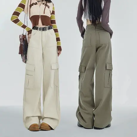 工装休闲裤女秋季2023年新款设计感口袋百搭垂感拖地宽松阔腿裤子商品大图