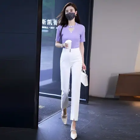 白色西裤女开叉显瘦小脚裤2023夏季薄款职业通勤九分裤爆款女裤图片