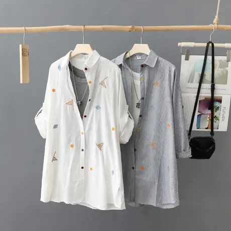 秋装新款中长款长袖刺绣衬衫女宽松休闲小众条纹衬衣打底上衣女装商品大图