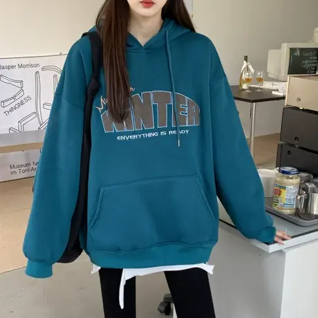 连帽卫衣女秋冬宽松韩版ins设计感小众上衣chic港风加绒加厚外套商品大图