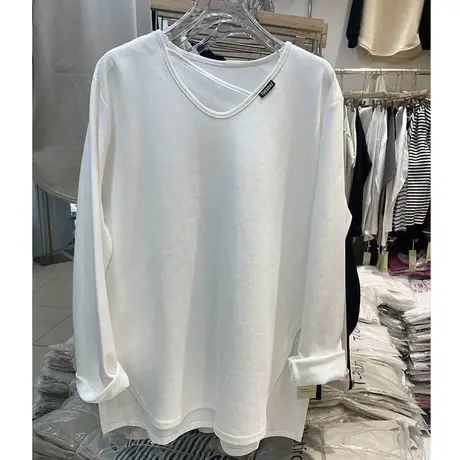 欧货早春新小心机U领棉质中长款T恤女宽松大版不规则斜杠潮款打底商品大图