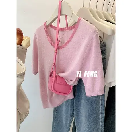 粉色短款正肩短袖t恤女夏季薄款冰丝针织衫小个子修身半袖短上衣商品大图