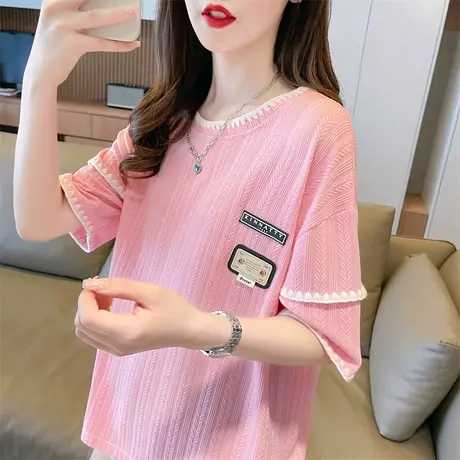 设计感小众华夫格短袖t恤女夏季韩版宽松大码小个子假两件上衣服图片