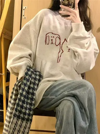 圆领白灰色卫衣女2023爆款宽松休闲小个子春秋薄款慵懒风套头上衣商品大图