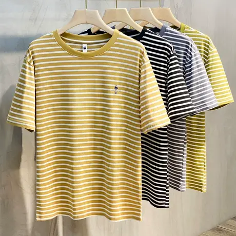 黑白条纹短袖t恤男潮流纯棉宽松微落肩半袖圆领刺绣上衣夏季T恤商品大图