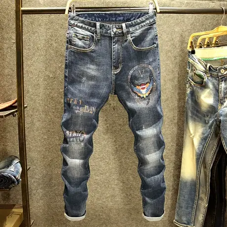 2023年新款高端刺绣牛仔裤男修身小脚裤春秋潮牌个性百搭镶钻裤子商品大图