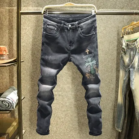 原创十字架刺绣牛仔裤男款修身小脚弹力裤子秋季ins潮牌欧货长裤商品大图