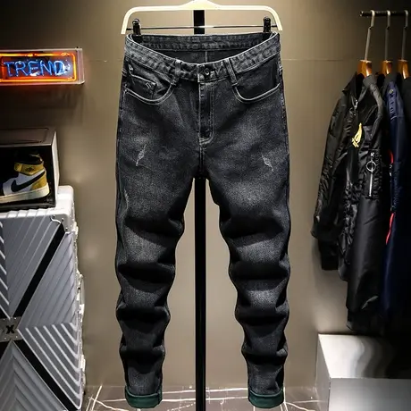 2021夏季款牛仔裤男修身直筒潮牌黑色磨破长裤子男士韩版小脚裤子商品大图