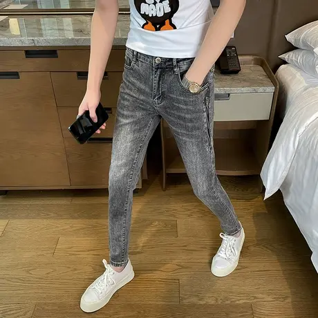 2023春夏季灰色拉链装饰牛仔裤男潮修身显瘦小脚裤青年磨白九分裤商品大图