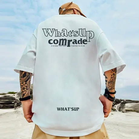 美式字母印花短袖t恤男街头嘻哈大码黑色圆领纯棉半袖潮胖子潮流图片