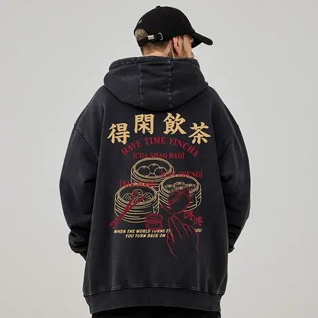 大码连帽男生美式重磅复古胖子男装宽松水洗做旧卫衣加绒春秋冬季商品大图