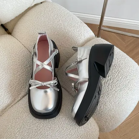 2023新款圆头单鞋女百搭学院英伦风厚底蝴蝶结玛丽珍鞋粗跟小皮鞋商品大图