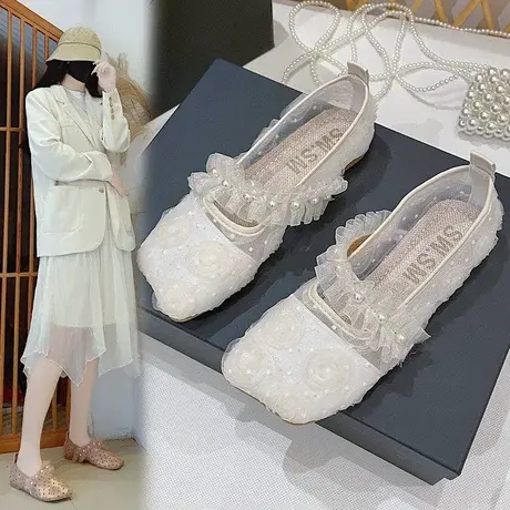 2023网纱透气豆豆鞋女仙女蕾丝春季新款配裙子单鞋浅口玛丽珍瓢鞋商品大图