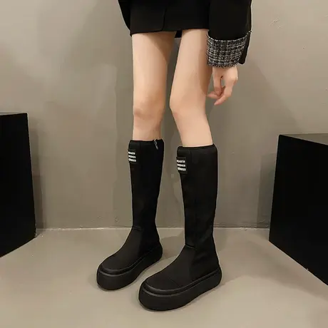 欧洲站2023厚底丑萌大头长靴女长筒不过膝弹力瘦瘦靴增高时装靴潮商品大图