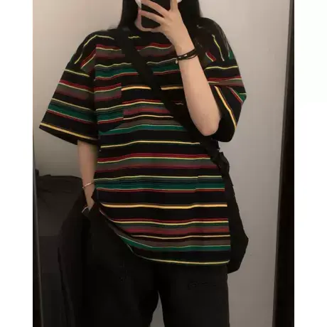 夏季新款胖mm大码美式复古条纹宽松圆领短袖女装T恤小众上衣200斤商品大图