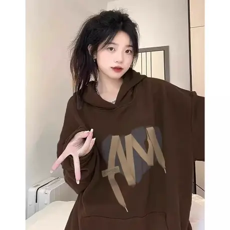 美式复古连帽卫衣加绒加厚女春秋新款宽松慵懒风chic外套胖mm大码商品大图