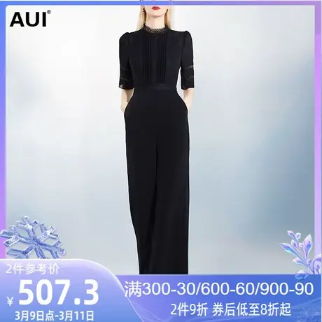 AUI欧洲站气质女神范高腰阔腿连体衣女2024夏新款黑色雪纺连体裤图片