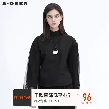 sdeer圣迪奥冬装女装休闲立领网纱拼接复古黑色长袖衬衫S20480520商品大图
