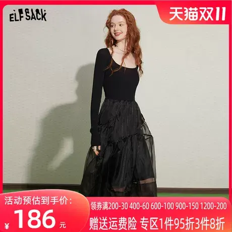 妖精的口袋黑色拼接蓬蓬连衣裙女2023秋季新款长袖修身气质a字裙图片