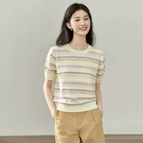 【商场同款】茵曼通勤针织衫2023夏女装新款条纹宽松毛织短袖上衣图片