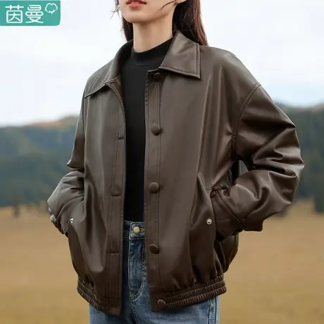 茵曼夹棉PU短外套女士2023新款小个子夹克皮衣棉衣棉袄秋冬季短款商品大图
