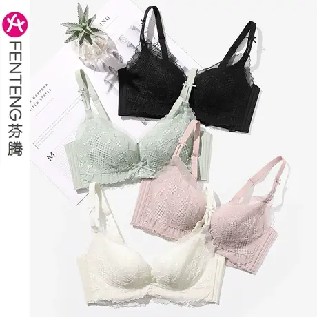 芬腾女士内衣性感蕾丝无钢圈收副乳小胸聚拢胸罩上托透气网纱文胸图片