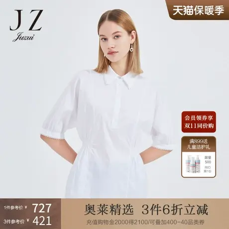 JZ玖姿纯色通勤OL收腰单上衣女2022夏季新款气质干练翻领棉衬衫商品大图