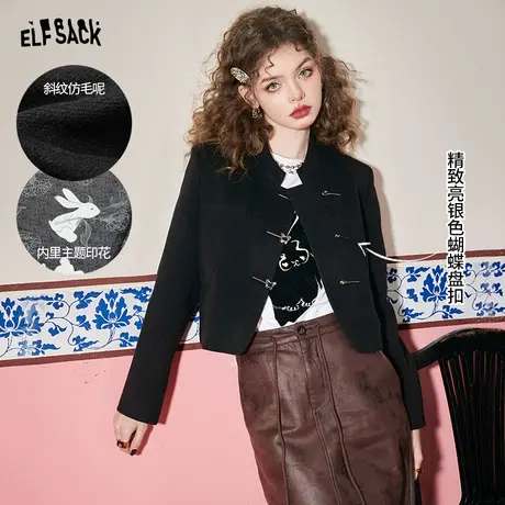 妖精的口袋盘扣立领黑色短款外套女2023春新款正肩修身气质小个子图片
