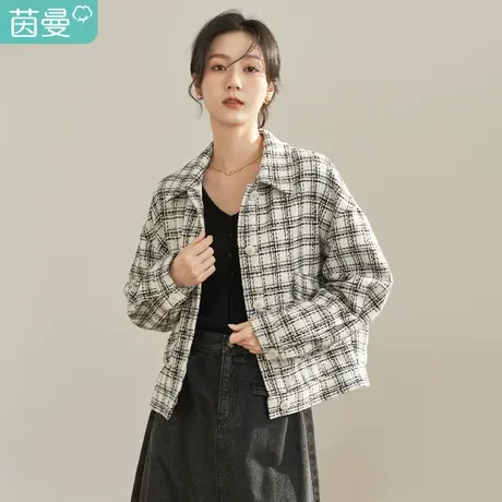 【商场同款】茵曼2022秋女装新款田园翻领粗花呢百搭宽松长袖外套图片