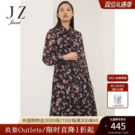 JUZUI玖姿奥莱春秋新款优雅大花型印花气质系带收腰女雪纺连衣裙图片