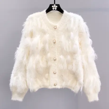 小香风钉珠羽毛流苏毛衣外套女秋冬2023新款软糯温柔风针织开衫商品大图