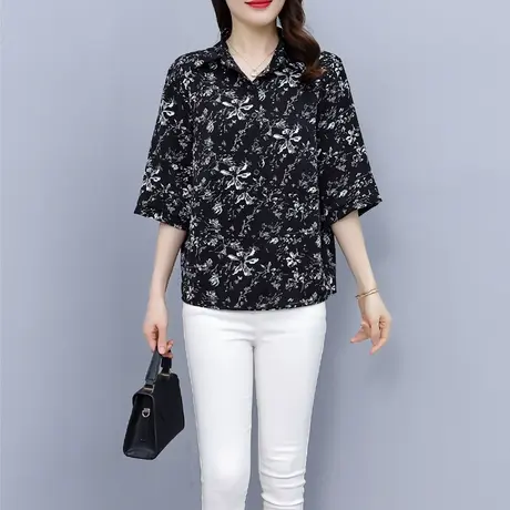 碎花遮肚雪纺衬衫女短袖2023夏装新款女上衣加肥大码胖mm显瘦遮肉图片