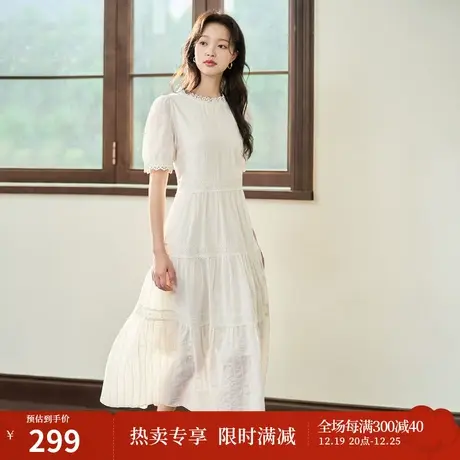 茵曼复古浪漫连衣裙2023夏女装新款圆领镂空绣花蕾丝高腰收腰长裙图片