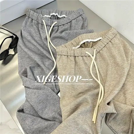 横条纹肌理阔腿裤女秋垂感显瘦高腰慵懒风休闲百搭糯米拖地直筒裤商品大图