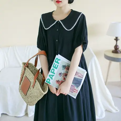 胖妹妹夏季2023新款复古气质花边娃娃领连衣裙加大码提花纯棉长裙商品大图