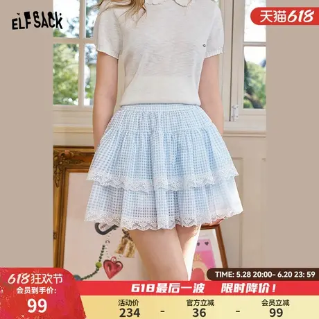 妖精的口袋蓝色格纹蕾丝蛋糕裙女2025年夏季新款甜美短裙半身裙子图片